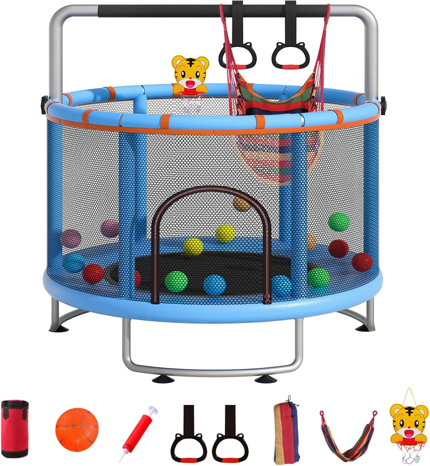 55 Inch Toddler Trampoline for Kids, Hexagonal Indoor/Outdoor Mini Jumper with Safety Enclosure Net and Basketball Hoop, 450 lbs Capacity
