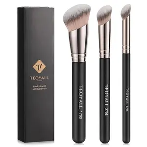 TEOYALL Foundation Contour Conceal Brush Set, 3PCS Angled Synthetic Kabuki Brush for Blending Setting Buffing with Liquid, Cream and Powder Cosmetic (170S/270S/370S)