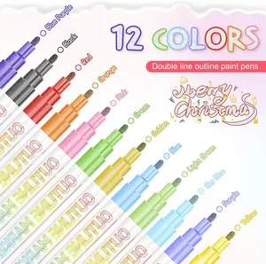 Double Line Glitter Gel Marker Set, 12 Color Shimmer Pens for Scrapbooking, Journals, Coloring, and Craft Projects