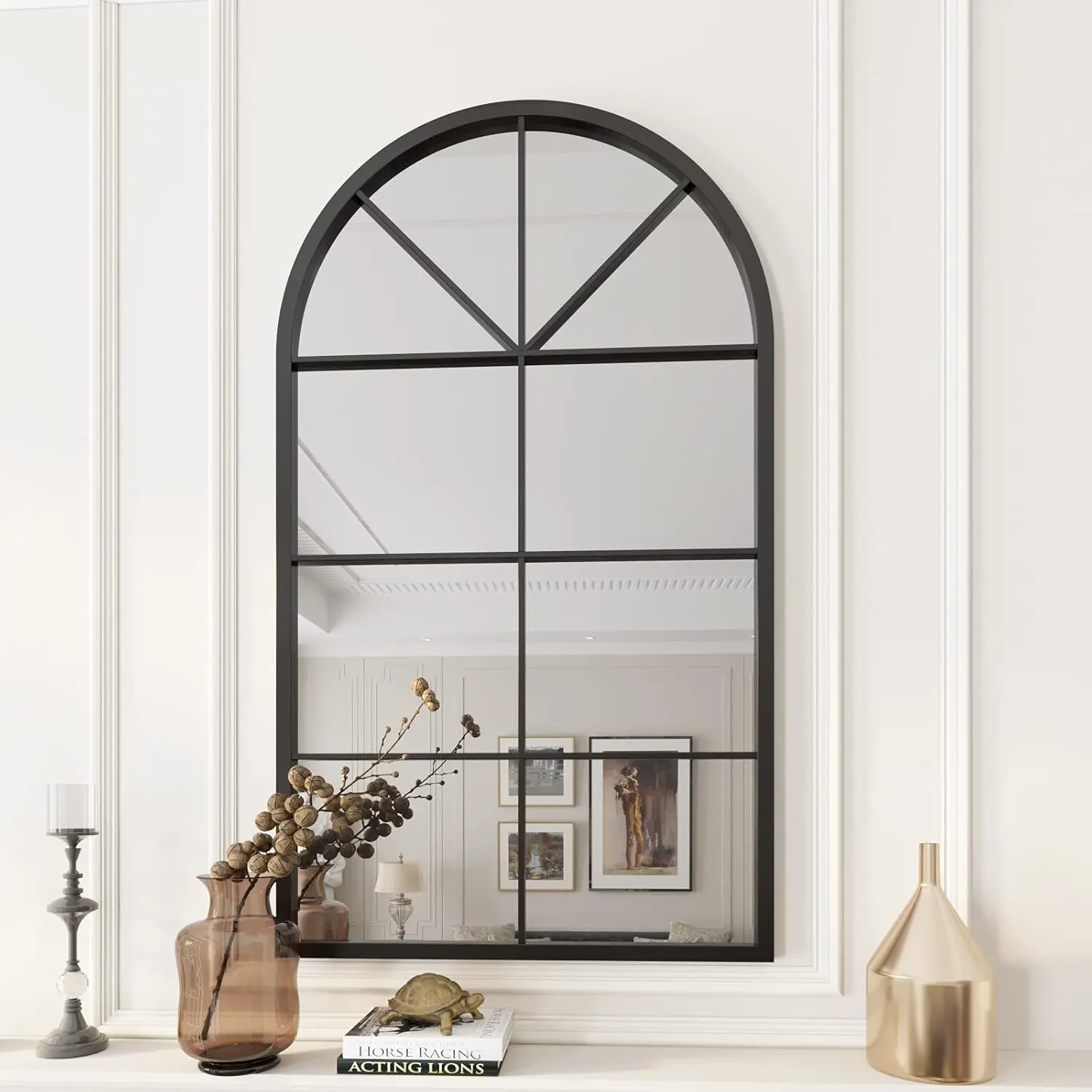 Arched Window Mirror, 41.3"x24" Grid Arch Mirror, Black Metal Windowpane Mirrors for Living Room Fireplace Entryway Bedroom Hallway  Decor