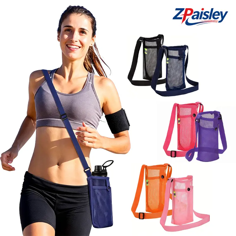 1Pc Mesh Water Bottle Holder with Adjustable Shoulder Strap, Lightweight Water Bottle Sling Bag with Side Pocket, Foldable Hands Free Water Bottle Carrier for Hiking Running Walking Dog Camping Travel Men Women