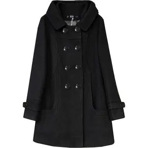 Women’s Warm Double-Breasted Wool Pea Trench Coat - Hooded Classic Tailored Jacket with Windproof Design, 100% Wool Blend Fabric for Winter Casual Office Formal Wear, Elegant Mid-Length Outerwear (XS-XXL)