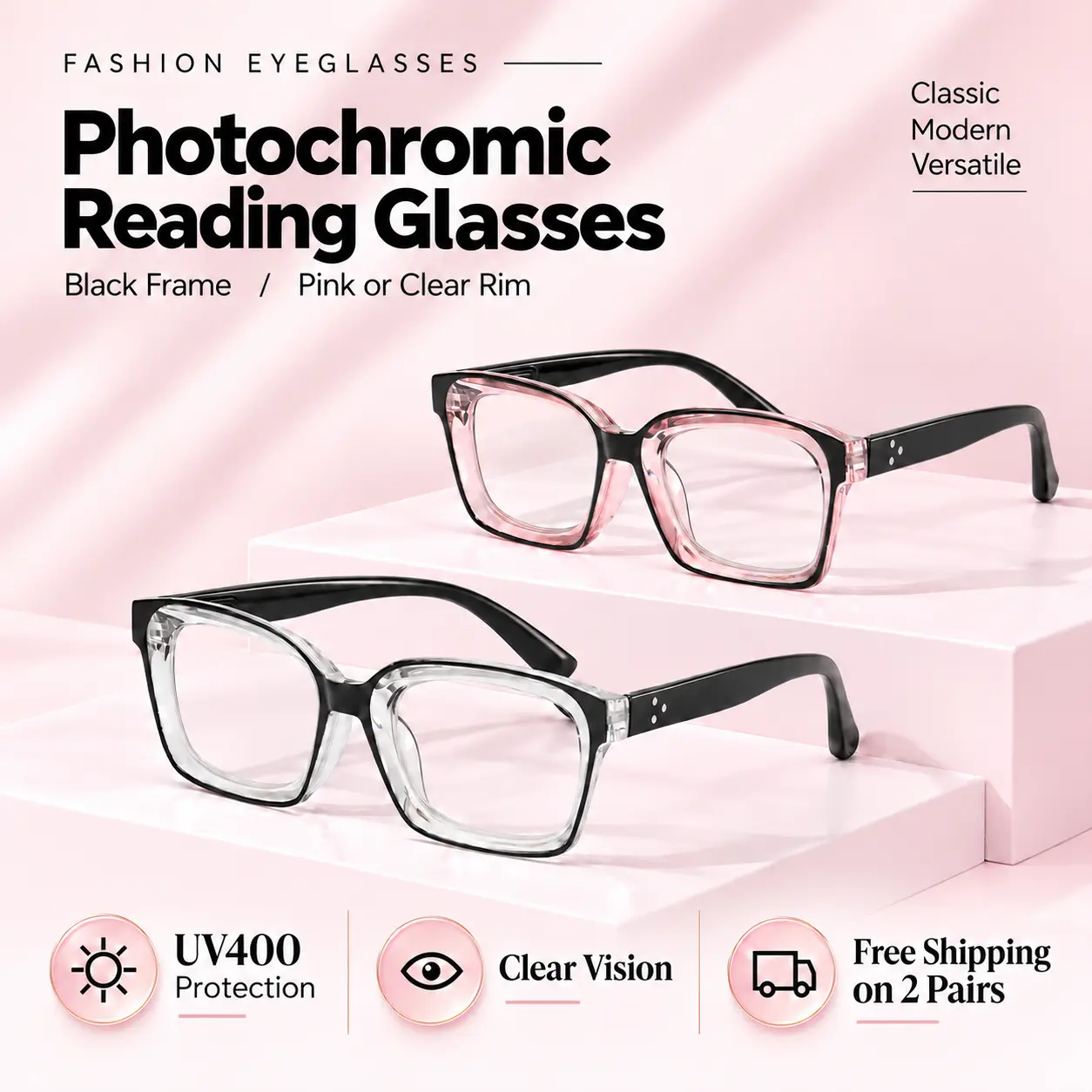 Unisex Multifocal Non-Prescription Reading Glasses - Full Rim Modern Rectangular Polycarbonate Frames, Photochromic Bluelight Blocking Anti-Blue Lenses, Lightweight, Flexible Spring Hinge, for Office, Everyday Use