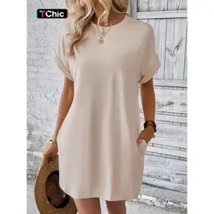 Women's Plain Pocket Batwing Sleeve Tee Dress, Casual Round Neck Roll Up Sleeve Dress for Summer, Fashion Women's Dress Loose