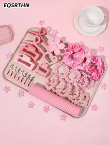 67/29/64pcs elegant women's hair accessories set, pink matte heart-shaped design-including large hair ring, pearl hair ring, hair clip, headband, drop clip non-slip ponytail clip-very suitable for fashionable bun. Sweet style must-wear complete set