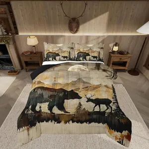 Kids Bear Deer Bedding Set Farmhouse Forest Wildlife Animal Bear Comforter Set for Boys Girls Moon Mountain Animal Duvet Quilt