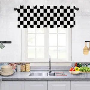 Checkered Kitchen Valances for Windows, Cute Retro Checkerboard Valance Curtains, Short Window Treatment for Living Room, Bedroom, Bathroom, Rod Pocket Topper Curtains (Black and White)