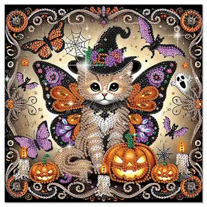 Diamond Painting Halloween Kits for Adults, DIY Halloween Kitty Designs Diamond Art Special Shape Diamond Partial Mosaic Craft Kits, Home Wall Desktop Painting Decor Art Gift（11.8*11.8in）