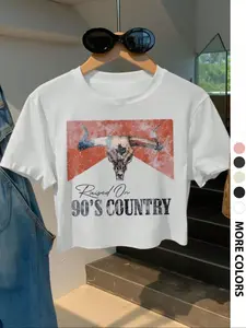 Women's Bull Head Print Round Neck Crop Tee, Casual Short Sleeve Crew Neck T-shirt for Daily Wear, Ladies Summer, Top