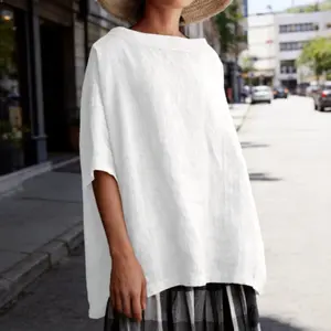 2026 Summer New Top Round Neck Cotton Hemp Style Solid Color Loose Women's T-shirt