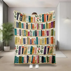 Vintage Bookshelf Library Throw Blanket, Cottagecore Book Wildlowers Blanket Gift For Book Lover Library Gift Floral Bookish Gift For Reader soft warm cozy throw blanket