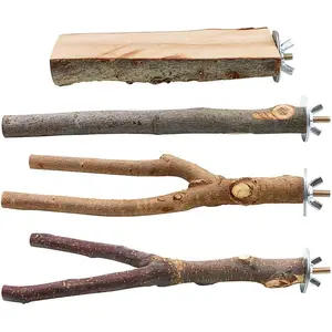 4 Pack Natural Wood Bird Perch Parrot Stand Branches Fork Toys,Pet Bird Cage Wooden Hanging Perch Platform Hammock Swing Toy for Small Parakeets,Budgies,Cockatiels,Conures,Finches