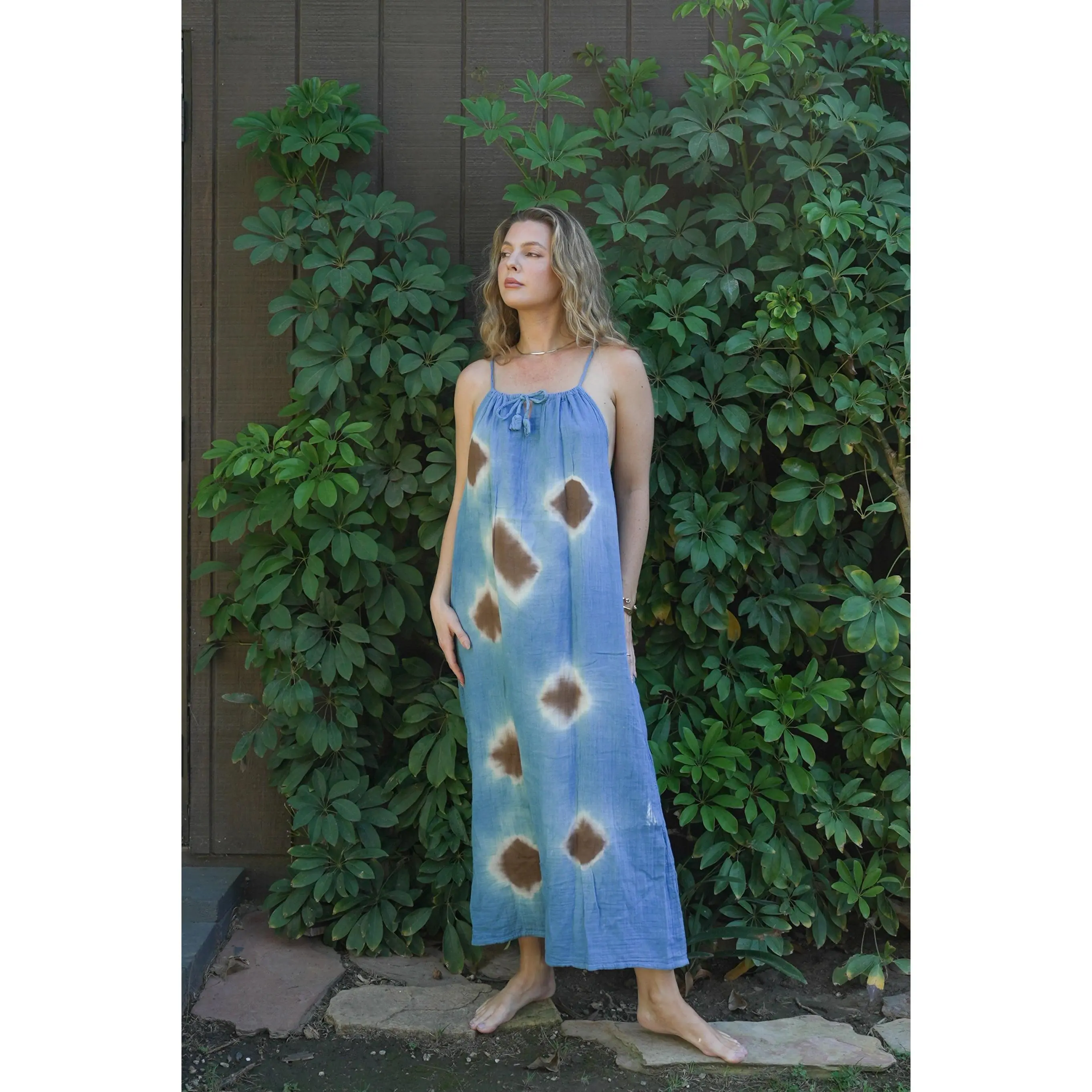 Ruched Neck Cotton Gauze Dress