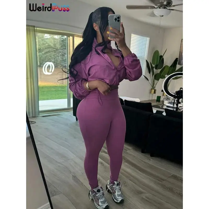WEIRD PUSS Tracksuit 2 Piece Set 2026 Autumn Casual Zip Thin Drawstring Jacket+Leggings Matching Streetwear Sporty Suit Can be used with raincoat Activewear Fitness High Waist Pencil Pants