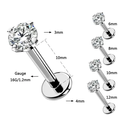 OUFER Unisex 16G Hypoallergenic Titanium 6Al4V Labret Stud - 6mm/8mm Prong-Set Cubic Zirconia Rhinestones, Flat Backs, Internally Threaded, Durable Lip Ring Body Piercing Jewelry, Anti Tragus Fit (3 Styles)