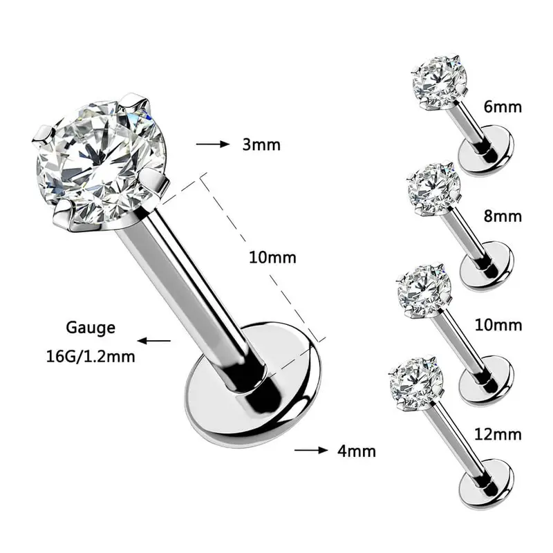 OUFER Unisex 16G Hypoallergenic Titanium 6Al4V Labret Stud - 6mm/8mm Prong-Set Cubic Zirconia Rhinestones, Flat Backs, Internally Threaded, Durable Lip Ring Body Piercing Jewelry, Anti Tragus Fit (3 Styles)