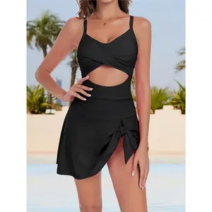 Black Twist Front Swim Skirt TD-C20242101-01swimsuitbikiniswimwearspringbreakswimsuithighwaistedbikini Pool Day Essential Modest Swimwear with Side Tie Cute Functional Swimsuit Elegant Back Bow Swimwear