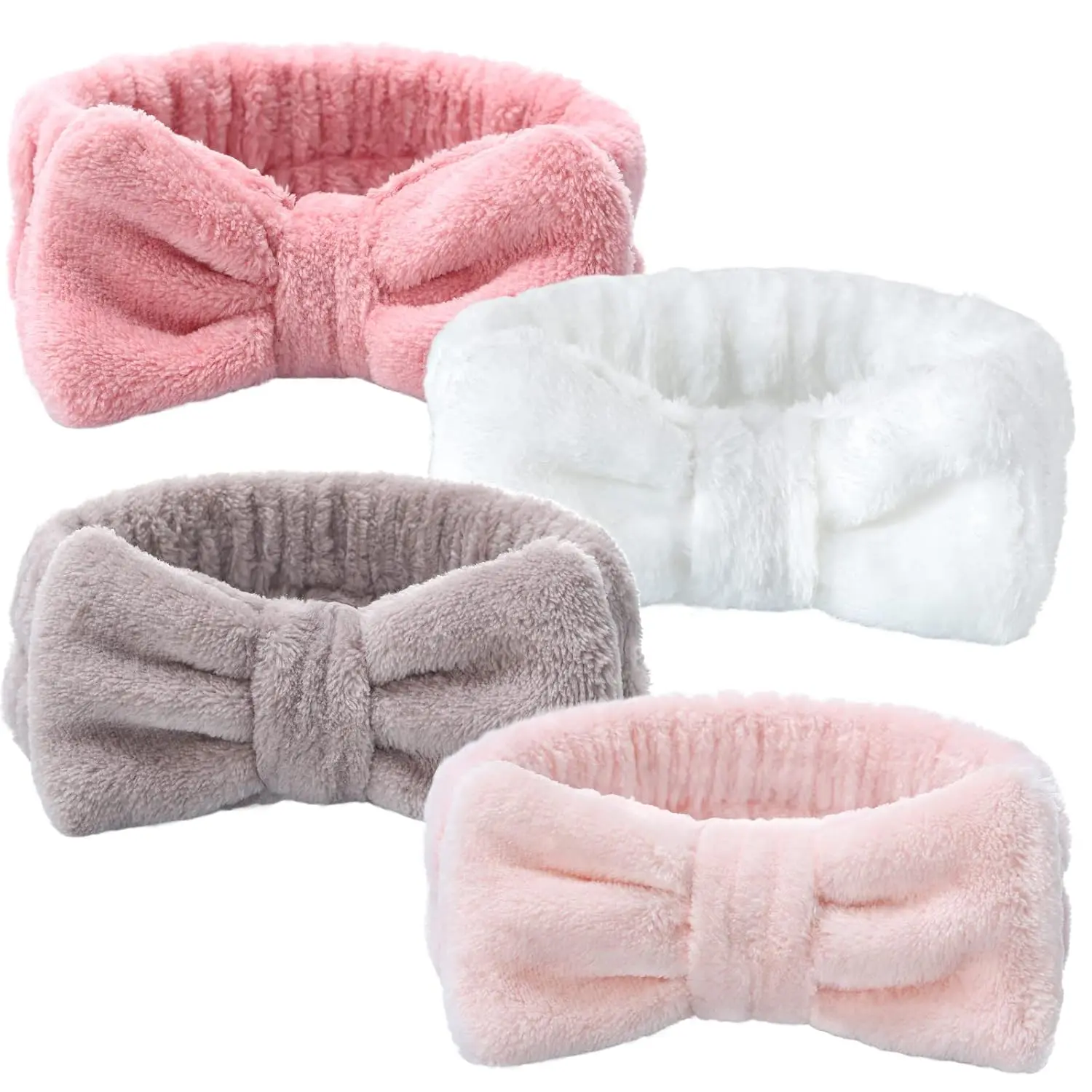 HBB27 4 Pack Spa Headband for Washing Face, Girls Makeup Bow Tie Hair Band, Microfiber Women Headbands, Elastic Headband to Skincare, Gifts for Teen Girls- White, Brown, Rose Pink, Light Pink
