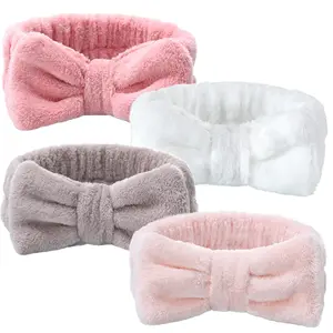 HBB27 4 Pack Spa Headband for Washing Face, Girls Makeup Bow Tie Hair Band, Microfiber Women Headbands, Elastic Headband to Skincare, Gifts for Teen Girls- White, Brown, Rose Pink, Light Pink