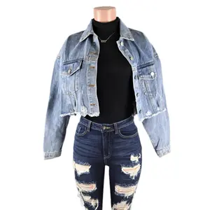 Cropped Denim Jacket Womenswear define Long Sleeve Cotton Breathable