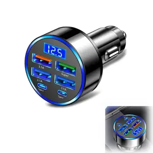 66W Car Charger QC3.0 Fast Charging 1 to 6 Ports USB-C Digital Display Atmosphere Light 5-Port Fast Multifunctional PD Car Charger with Real-Time Voltage Monitoring