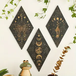 3pcs Bohemian Wooden Rhombus Moon Phase Wall Hanging Decor, Flat Printed with a Thickness of 0.11in, Moon Background, Wall Art Craft, Decorative Wall Art, Suitable for home as a Wall Hanging, Ramadan, Festival Decor