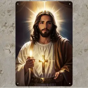 [Aluminum plate signboard]2D Flat, 1pc Jesus Christ Religious Wall Art - Modern Classic Catholic Christian Icon Print on Durable Aluminum Metal Sign, Indoor/ Vertical Cross & Chalice Design for Home Church Chapel Decor, Spiritual Inspirational Poster (No