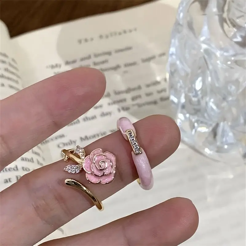 Delicate Cuff Ring, Small Camellia Design, Inlaid with Shining Zircon, Adjustable Jewelry, Suitable for Women's Daily Match, Suitable for Casual Dating