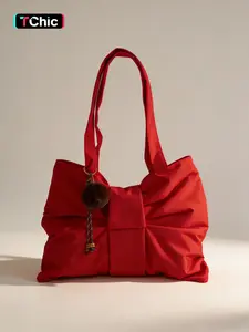 Valentine's Day bright red bow tote bag, fluffy texture, large capacity shoulder bag, romantic commuter handbag, suitable for dates, shopping, commuting, strolling, casual outings and everyday use, Handbag Shoulder Purse