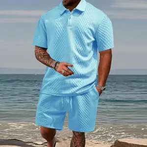 Men's 2 Piece Outfit Textured Diamond Polo Shirt Short Sleeve Top & Drawstring Waist Casual Shorts Set Summer Beach Tracksuit tiktokshopspringglowup