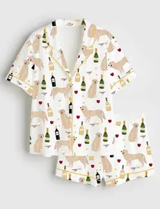 Women's Golden Retriever And Wine Short,Long Sleeve Satin Pajama Set, Breathable Summer Sleepwear for Women Lightweight