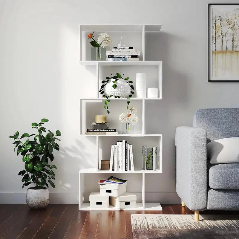 Waterproof Modern S-Shaped Z-Shelf Bookcase with Anti-Tip Feature for Living Rooms Home Offices & Bedrooms - 6 Tier Storage Solution