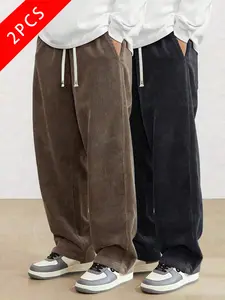 2-pack men’s retro corduroy casual pants, loose straight-leg long pants, new for spring/autumn
