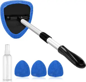 Windshield Cleaner Tool, Microfiber Car Window Cleaning Tool with Extendable Handle & 4 Cloth Pad Head, Auto Interior Exterior Glass Wiper Car Glass Cleaner Kit, Car Detailing Accessories