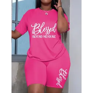 Plus Size Bold Letter Print Two-Piece Outfit -Comfortable CrewNeck Top & Fashionable Shorts Set -Trendy Casual Wear ForCurvy Women
