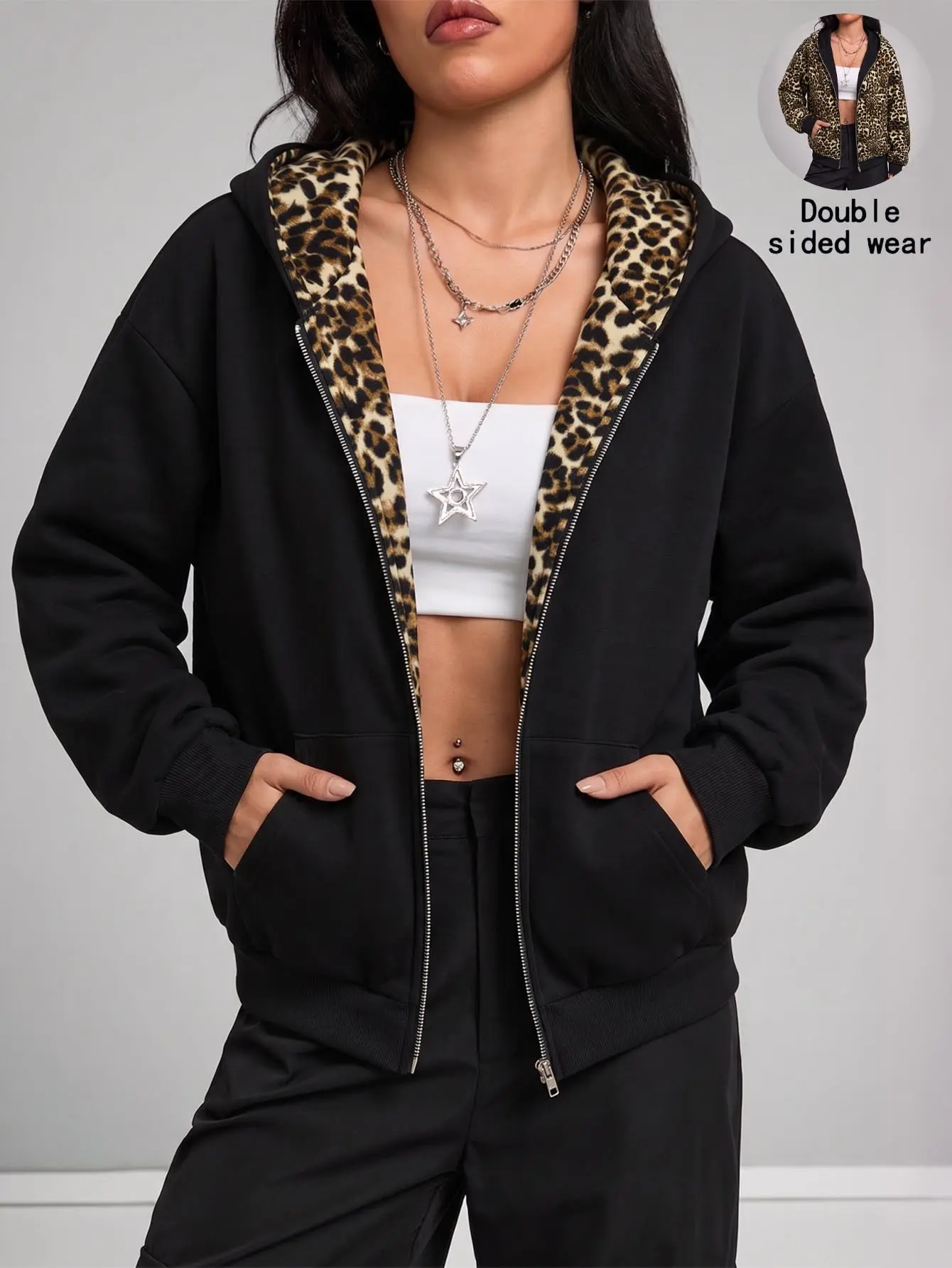 Women’s cotton zip-up jacket with hood, leopard print lining, reversible (front/back), loose long sleeves, street casual style, with pockets