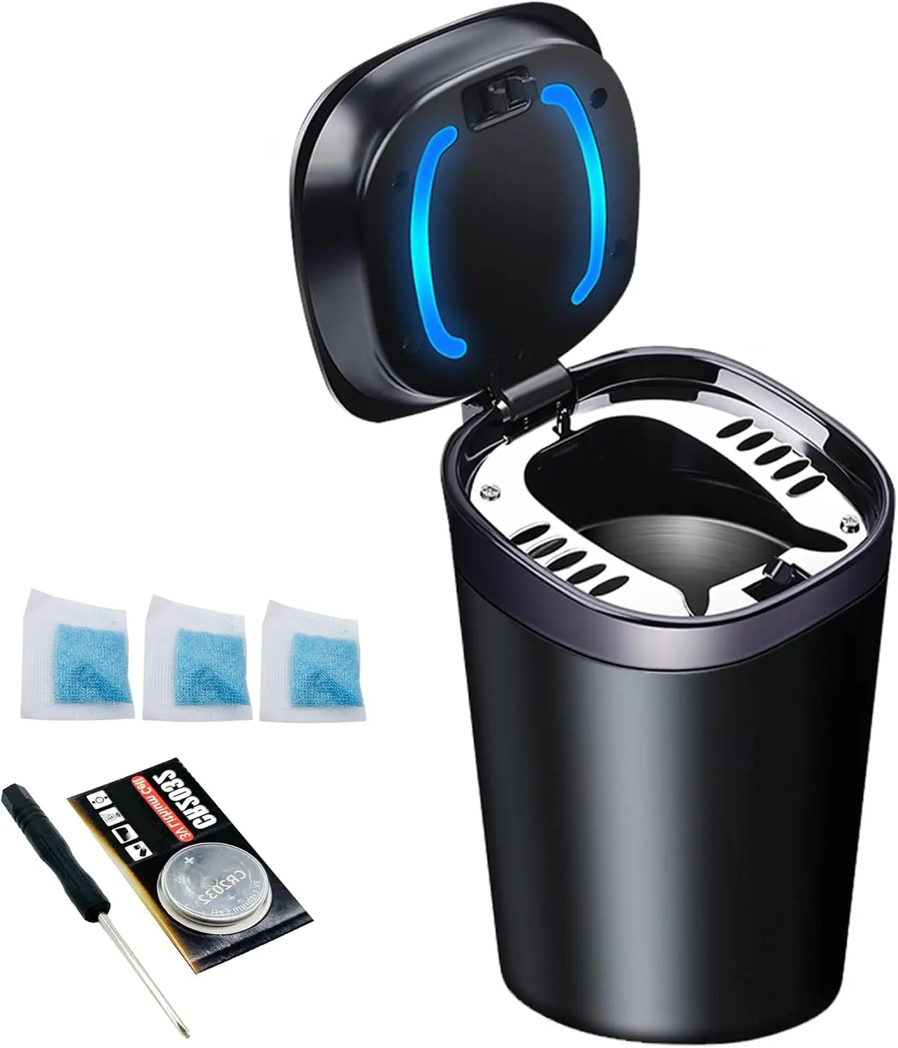 Smell Proof Car Ashtray with Lid, Smokeless Ashtray, Mini Car Trash Can, Detachable Stainless Steel Ash Tray with Lid and LED Blue Light | Detachable Stainless Steel Ash Tray with Lid and LED Blue Light