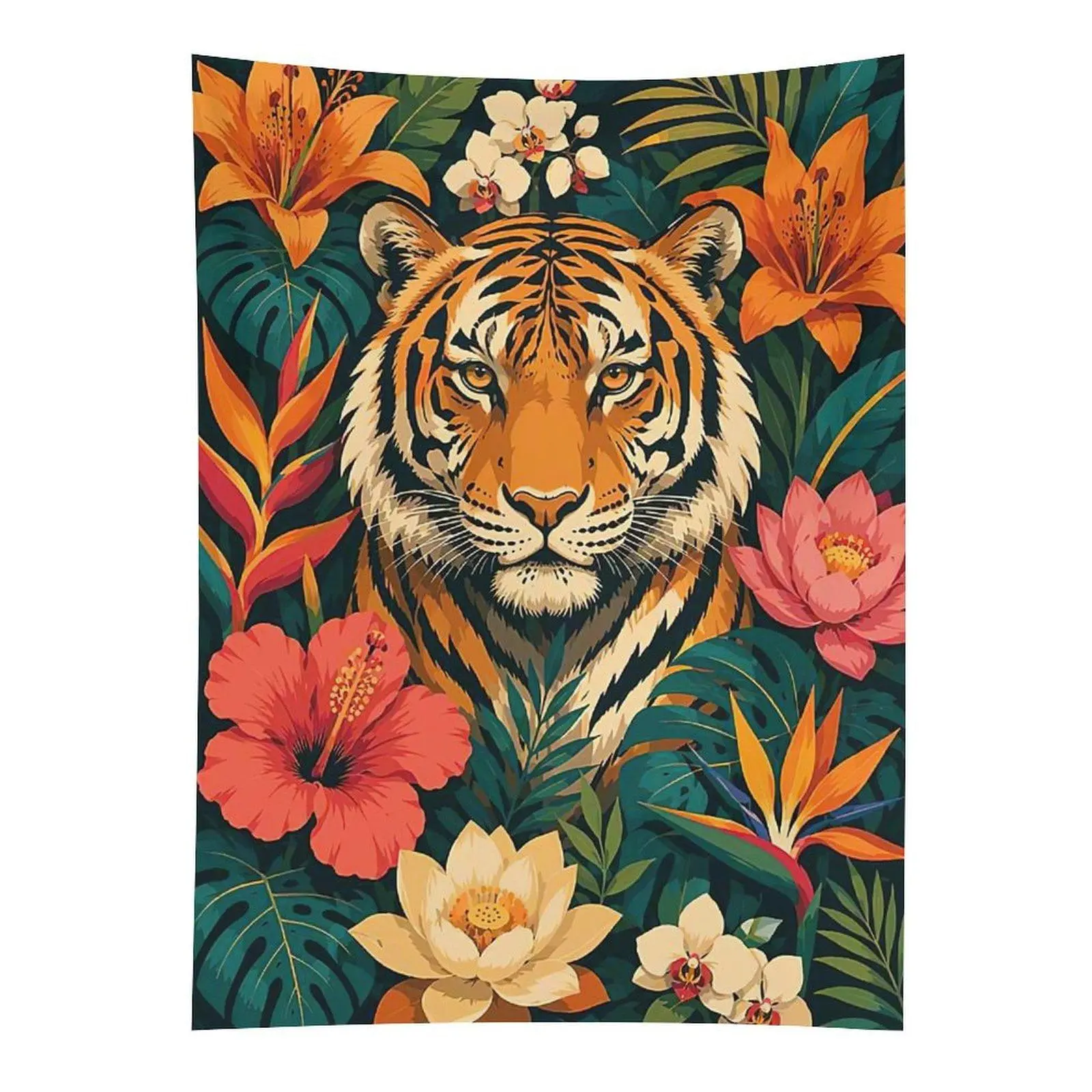Tiger Tropical Floral Tapestry - Polyester Jungle Big Cat Wall Hanging, Floral Letters Design Home Decor Decoration for Everyday Use