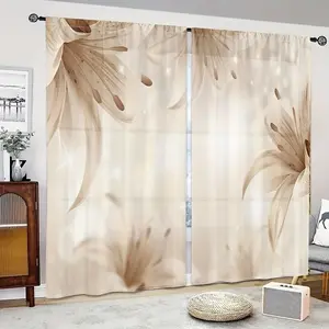 2 Piece Lily Print Curtains, Fashionable Rod Pocket Window Drapes for Bedroom and Living Room, Home Decoration Curtain, Comfortable Atmosphere, Easy Installation