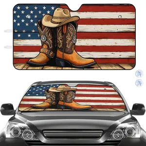 1pc Auto Windshield Shade | American Flag Cowboy Boots and Hat Design, Polyester, Universal, for Vehicle Protection and Decoration