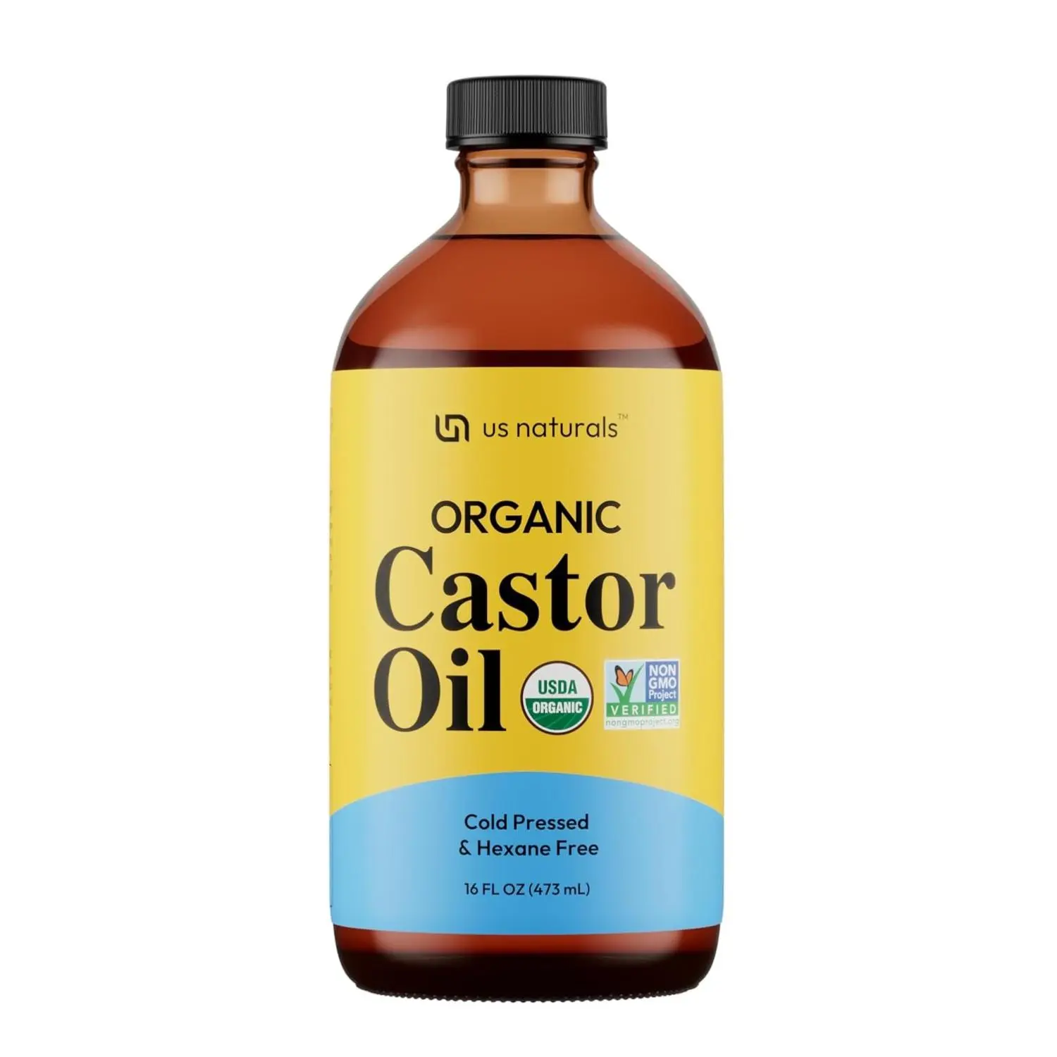 US Naturals Organic Castor Oil - 16oz Glass Bottle - USDA Certified Organic & Non-GMO - 100% Pure Cold Pressed Unrefined Hexane-Free - Premium Glow Boosting Oil for Skin Hair Lashes Nails & More - Body Care
