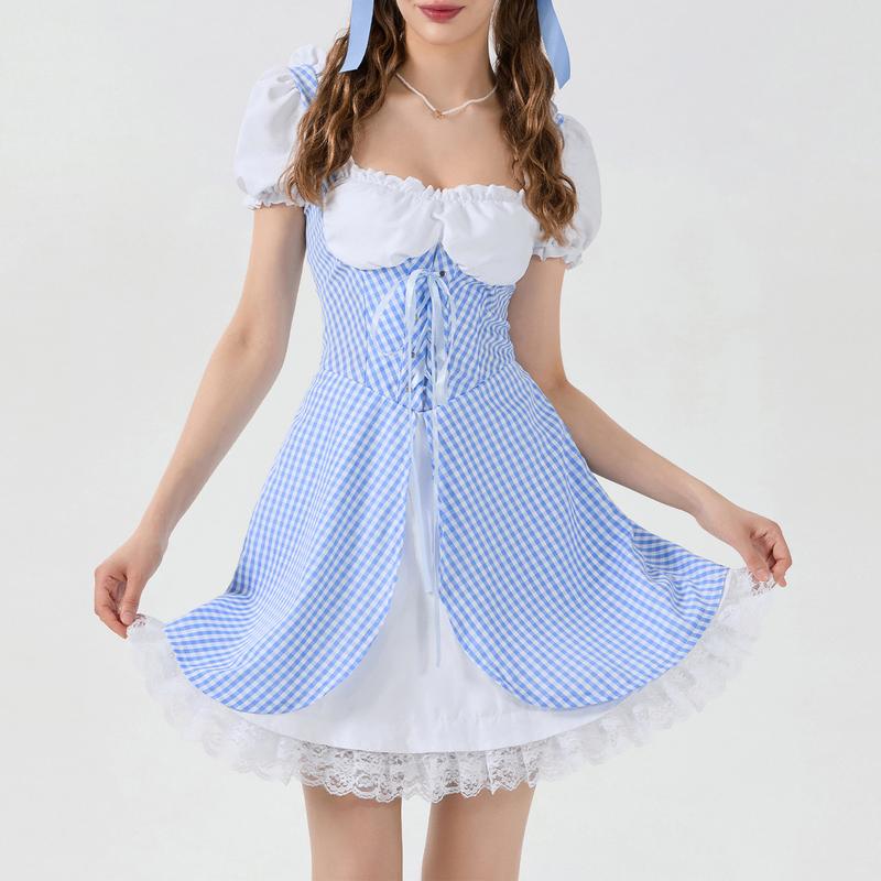 Women's Cosplay Sweetie Costume Short Puff Sleeve Lace Hem Plaid Corset Party Dress