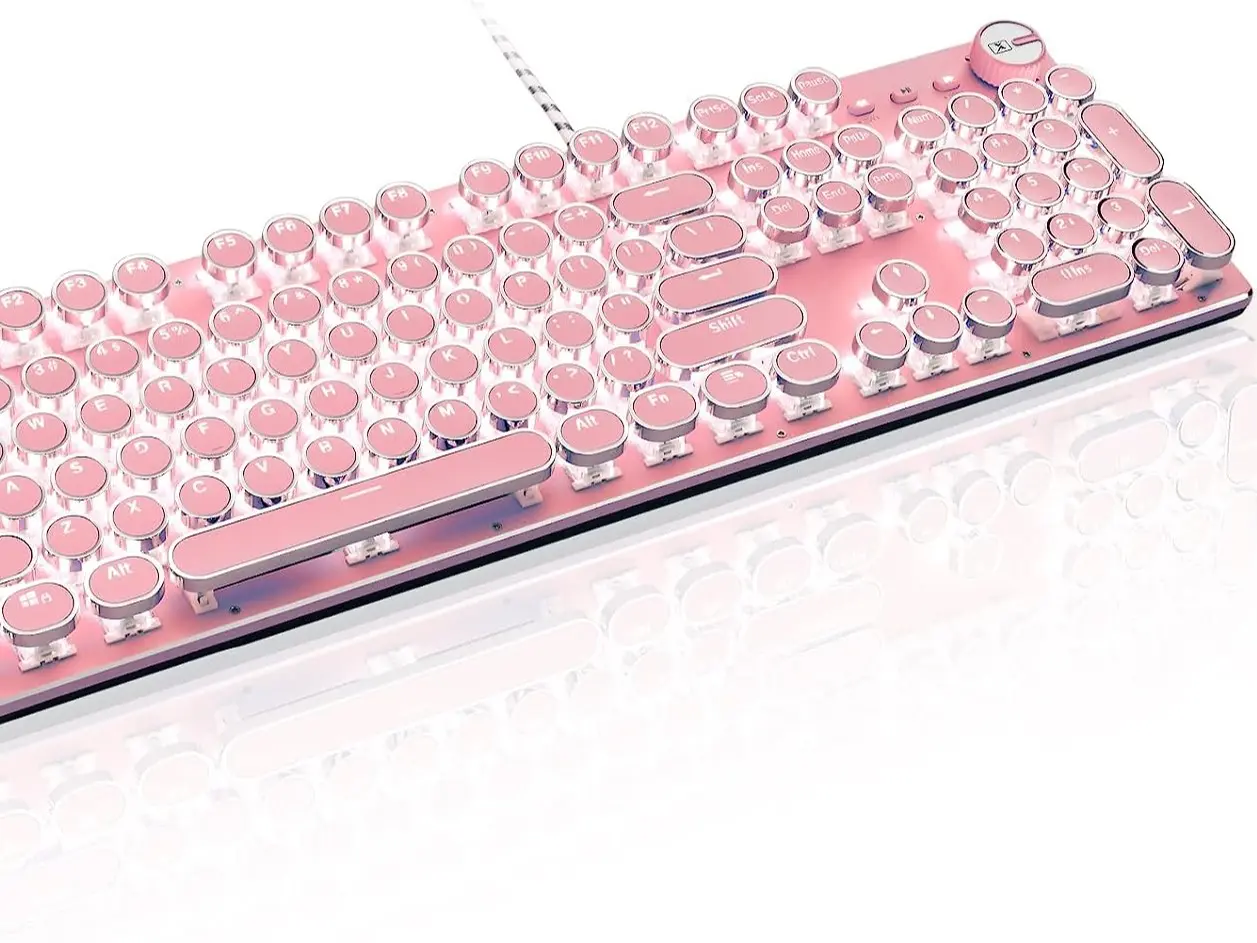 Basaltech X9-Series Pink 104-Key Full-Sized Round Keycaps Wired Typewriter Mechanical Keyboard, LED Backlit, Tactile Feedback, Led Backlit Keyboard, Tactile Feedback Keyboard