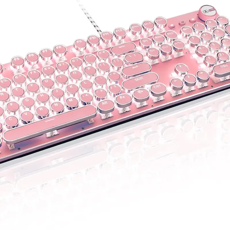 Basaltech X9-Series Pink 104-Key Full-Sized Round Keycaps Wired Typewriter Mechanical Keyboard, LED Backlit, Tactile Clicks, Easy to Press, Metal Panel, Customizable Light Setup, Convenient Multimedia Shortcuts, Classic Design, Gamer Gift Idea