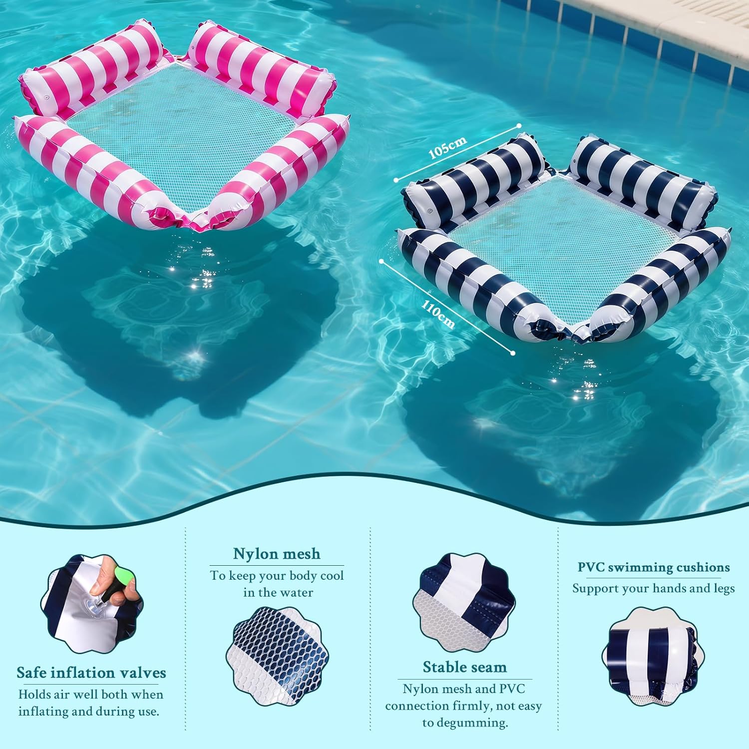 Multi-Purpose Pool Rafts Bed for Adults, 4-in-1 Inflatable Pool Floats Water Hammock, Floating Bed Lounge Chair for Swimming Pool Beach, Dark Blue