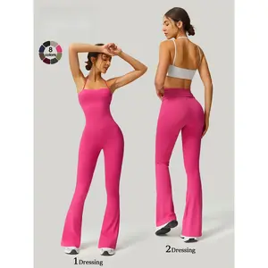 Women's Strapless Suspenders Flared Trousers Fitness Training Tights Sleeveless Yoga Trousers Peach Hip Sports Leggings Sexy Yoga Bodysuit Abdomen Tucking Fitness Quick Drying Outdoor Workout Suit Backless Sports Jumpsuit