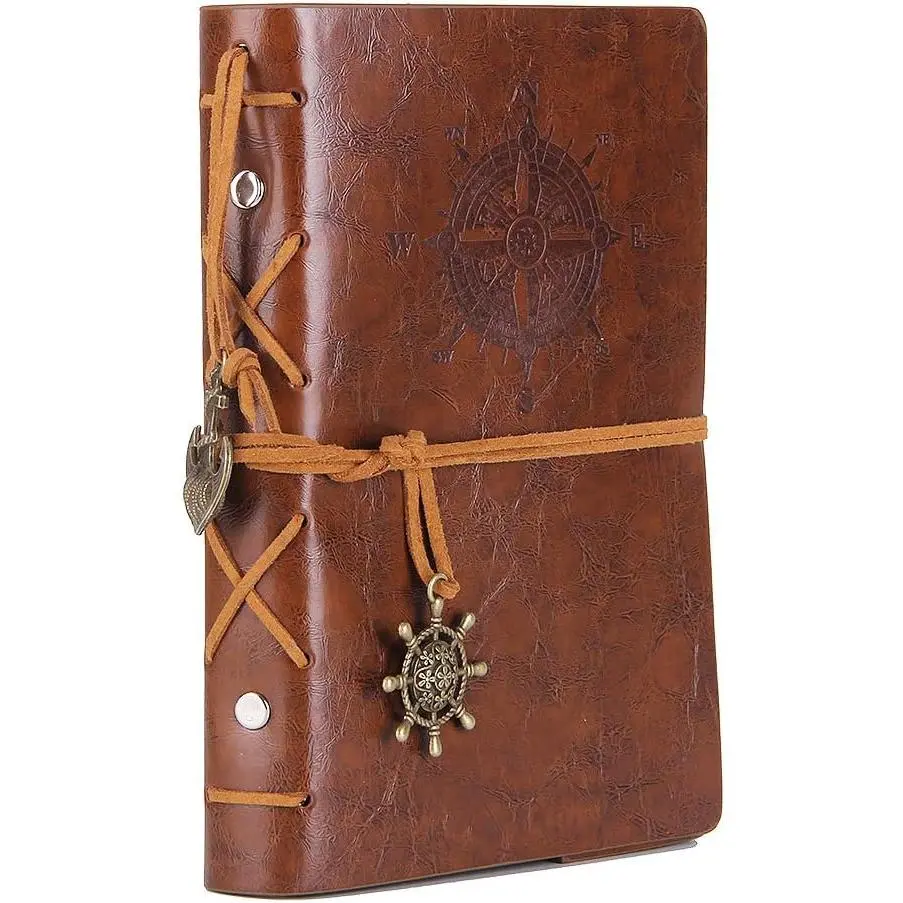 Leather Writing Journal Notebook, 7 Inches  Nautical Spiral Blank String Diary Notepad Sketchbook Travel to Write in, Unlined Paper, Retro Pendants, Classic Embossed, Retro Brown