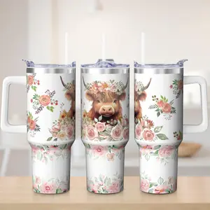 LHIEIAYH Cute Highland Cow 40oz Double-Layer Insulated Stainless Steel Thermal Flask Tumbler with Handle, Straw, Leakproof Design, Hot/Cold Drink Compatibility, Car Cup Holder Fit, Insulated Leakproof