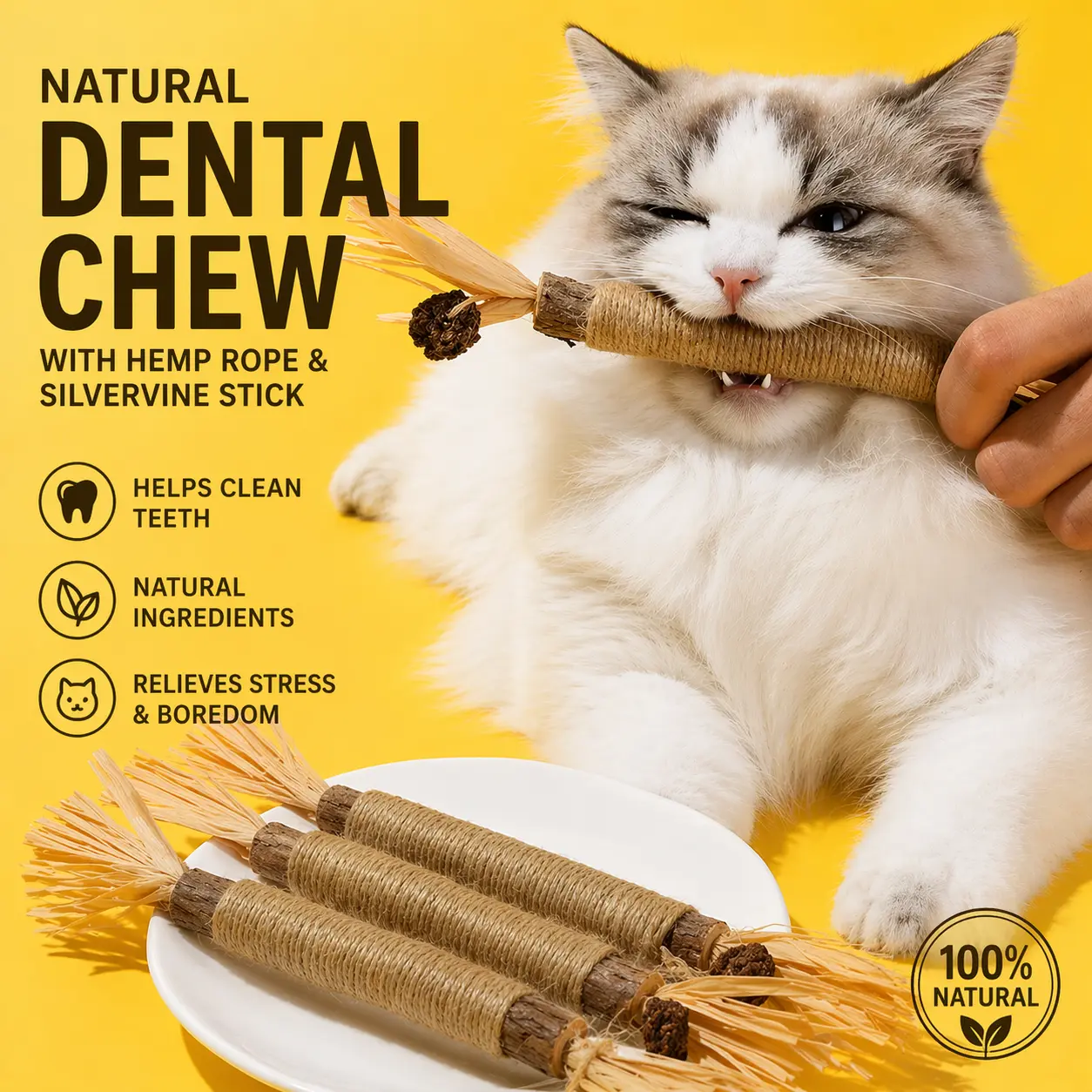 Natural Cat Dental Chew Stick - Durable Silvervine & Hemp Rope Teeth Clean Toy for Cats, Supports Engagement, Healthy Play, Positive Behavior Habits