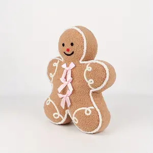 Gingerbread for Man Stuffed Animal Plush Toy - Soft Cuddly Doll with Icing-Like White Piping & Pink Bow, Brown Beige Dress Cookie Decor, Christmas Gift for, & Desktop Decoration (No /Easy Care)